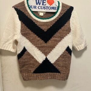 Anthropologie Maeve Brown Black White Sweater with Green Trim